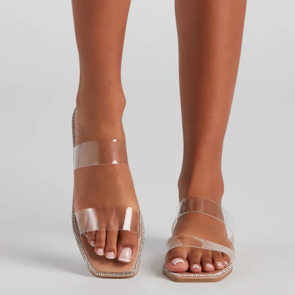 NEW Clear Sparkly Rhinestone Embellished Double Straps Slip On Slides Sandals - Picture 7 of 15